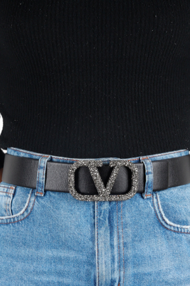 Valentino Garavani Go Logo Crystal Buckle Leather Belt