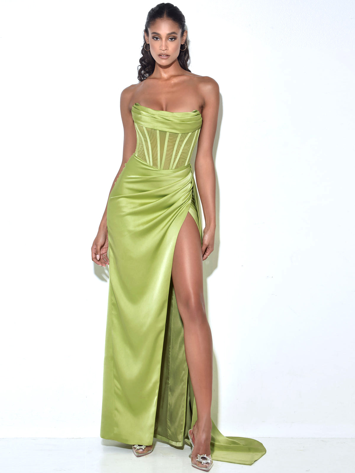 Prisa Lime High Slit Satin Corset Gown (Archive Sale)