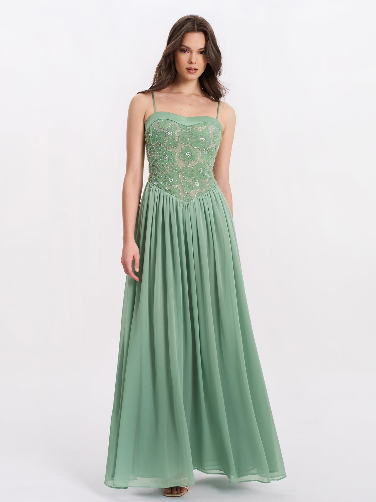 Ucille Sage Green Embroidered Chiffon Maxi Dress (Archive Sale)