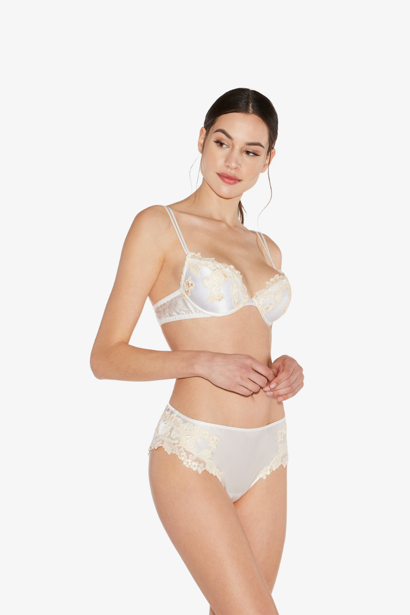 La perla White silk medium briefs with frastaglio