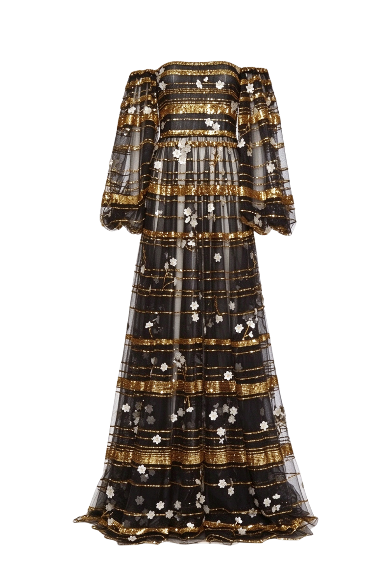 Valentino Embellished Off Shoulder Gown Dress Nero/Gold/Avorio 3B3VDFN01ED_KES