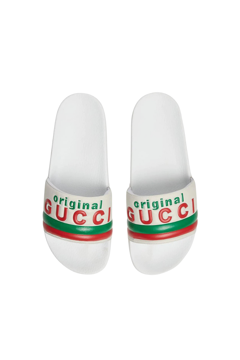 Gucci Kids White Leather Original Gucci Logo Slides Sandals