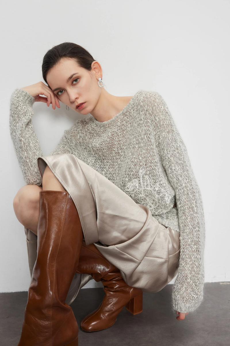 Max Simple Heather Grey Sweater With Crochet Details