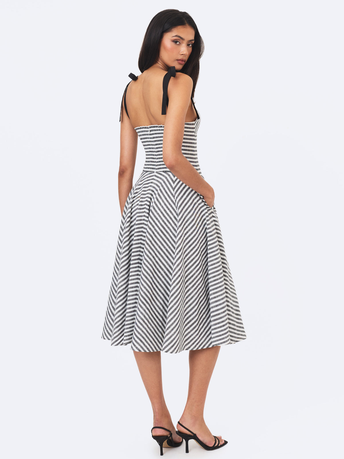 Riley Black & White Striped Linen Flared Midi Dress