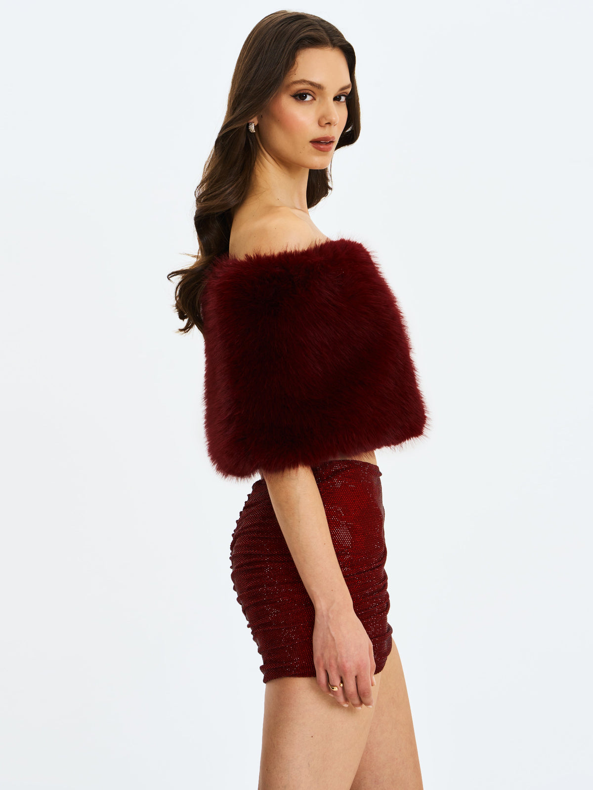 Darleen Crimson Rhinestone Mesh Low Waist Ruched Skirt