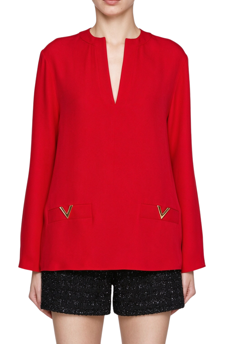 Valentino V Neck Long Sleeve Shirt Rosso 5B3AB6K01MM_157