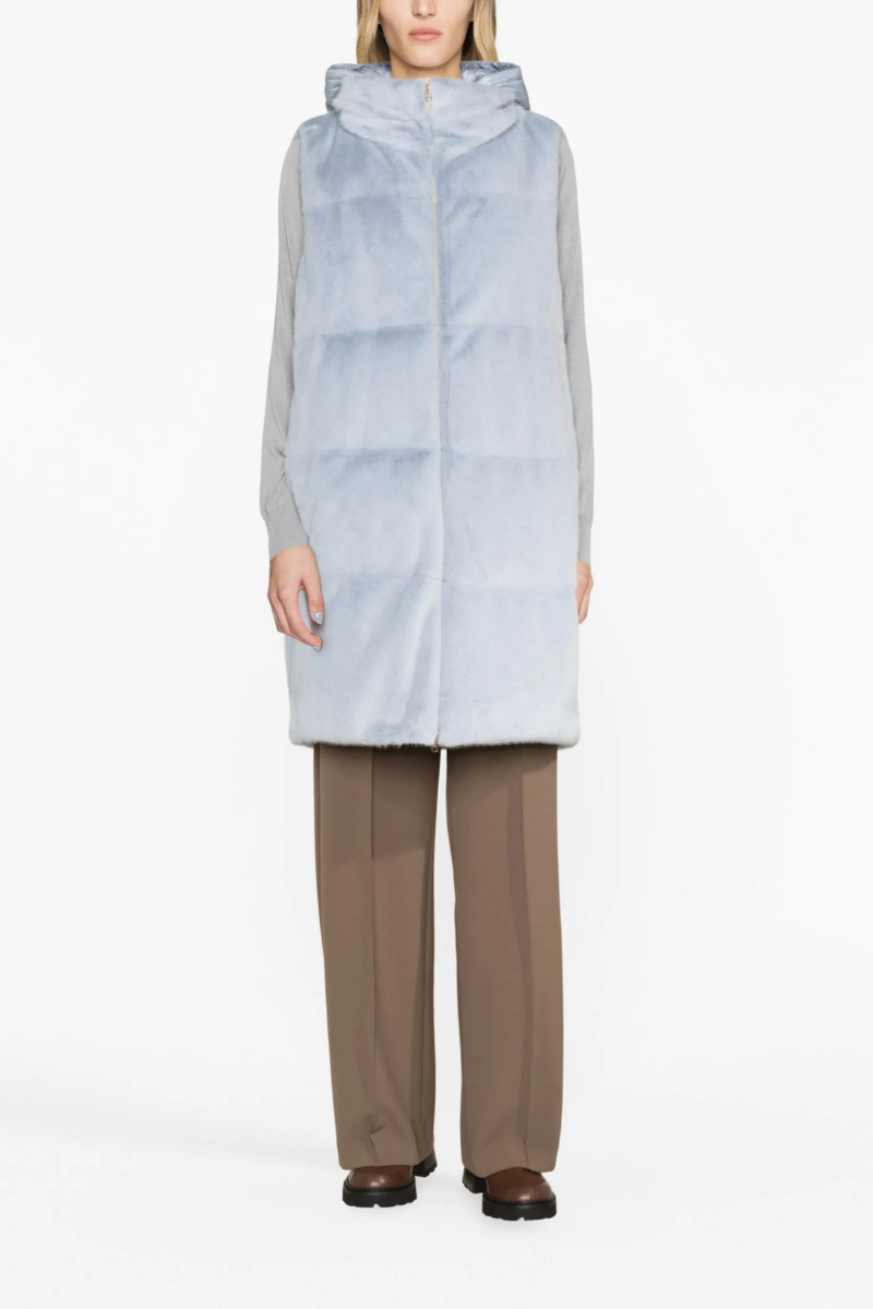 Herno Woman's Zip-Up Faux Fur Hooded Gilet Baby Blue