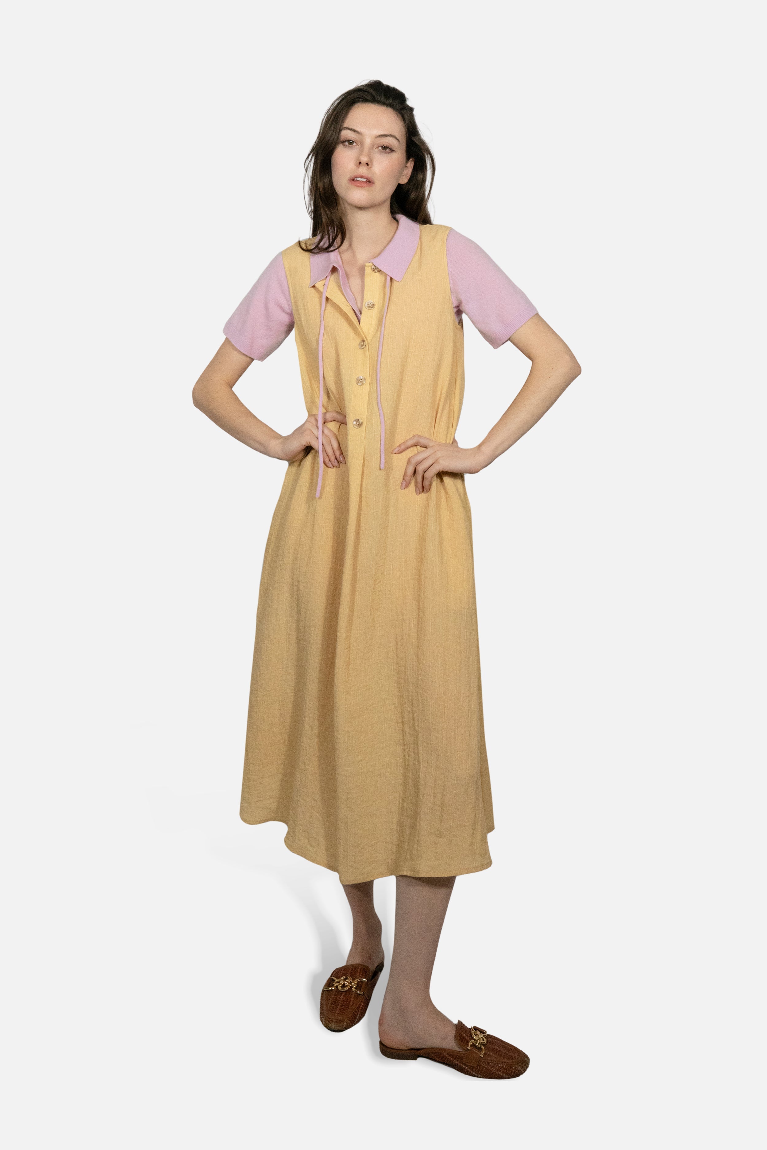 Drift Linen Button Midi Dress in Soft Mustard - Du & Berry