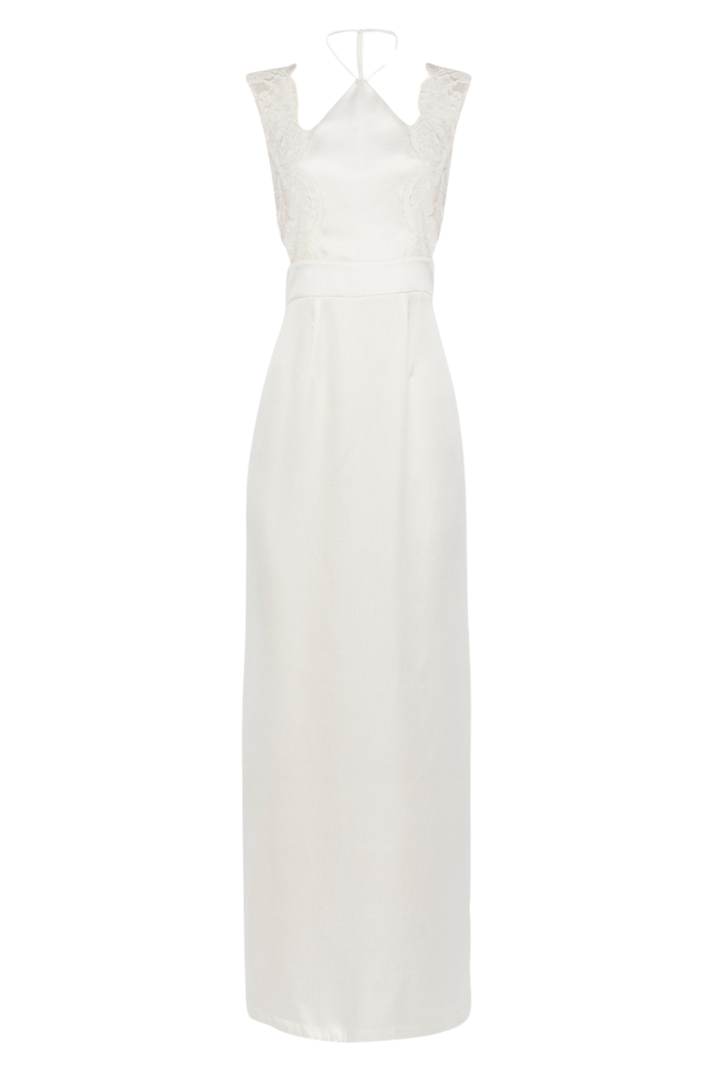 La Perla Halterneck Nightgown In White Silk With Leavers Lace
