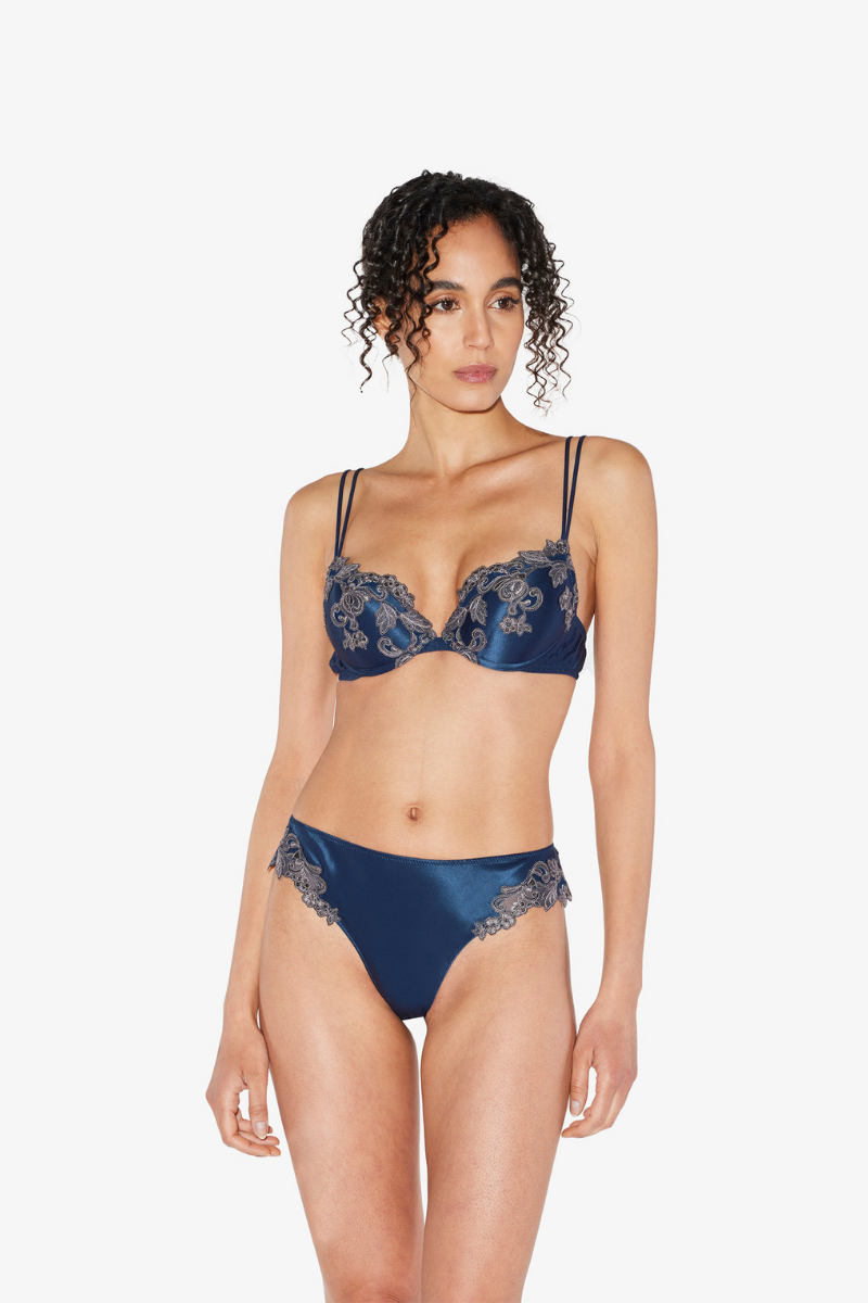 La Perla Blue silk Push-up Bra with frastaglio