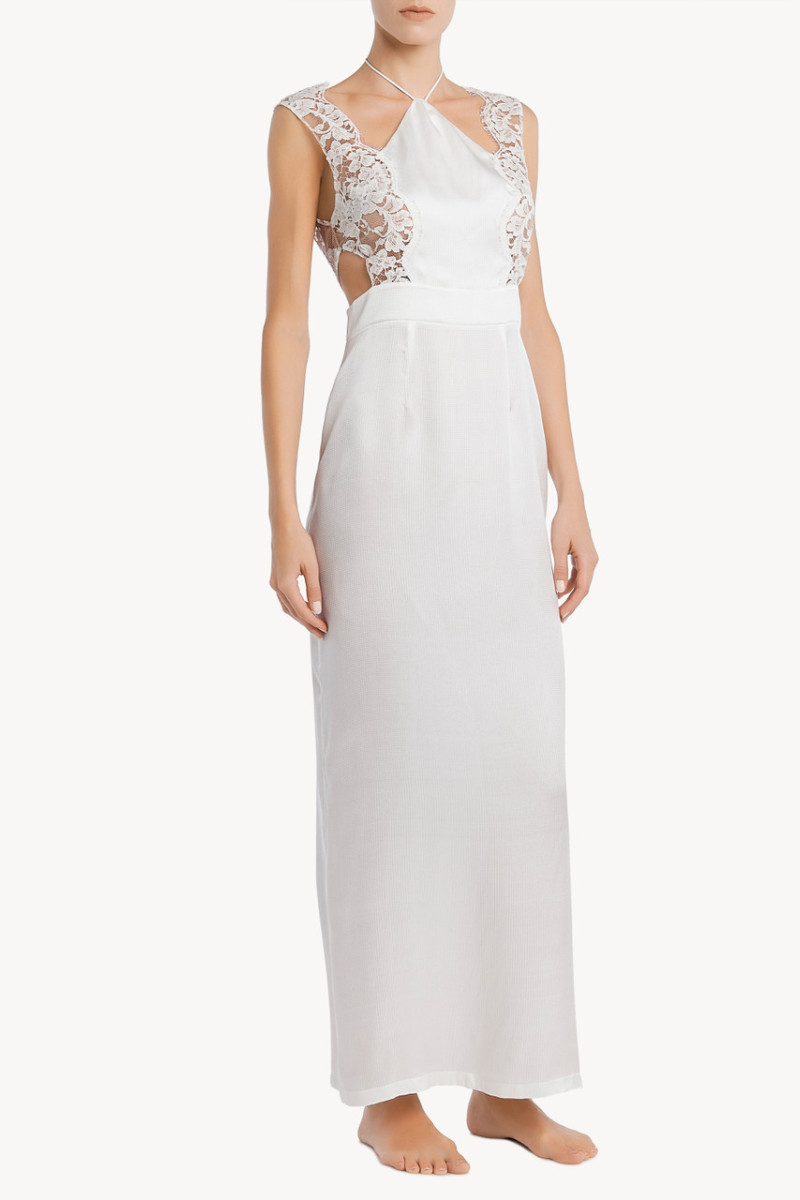 La Perla Halterneck Nightgown In White Silk With Leavers Lace