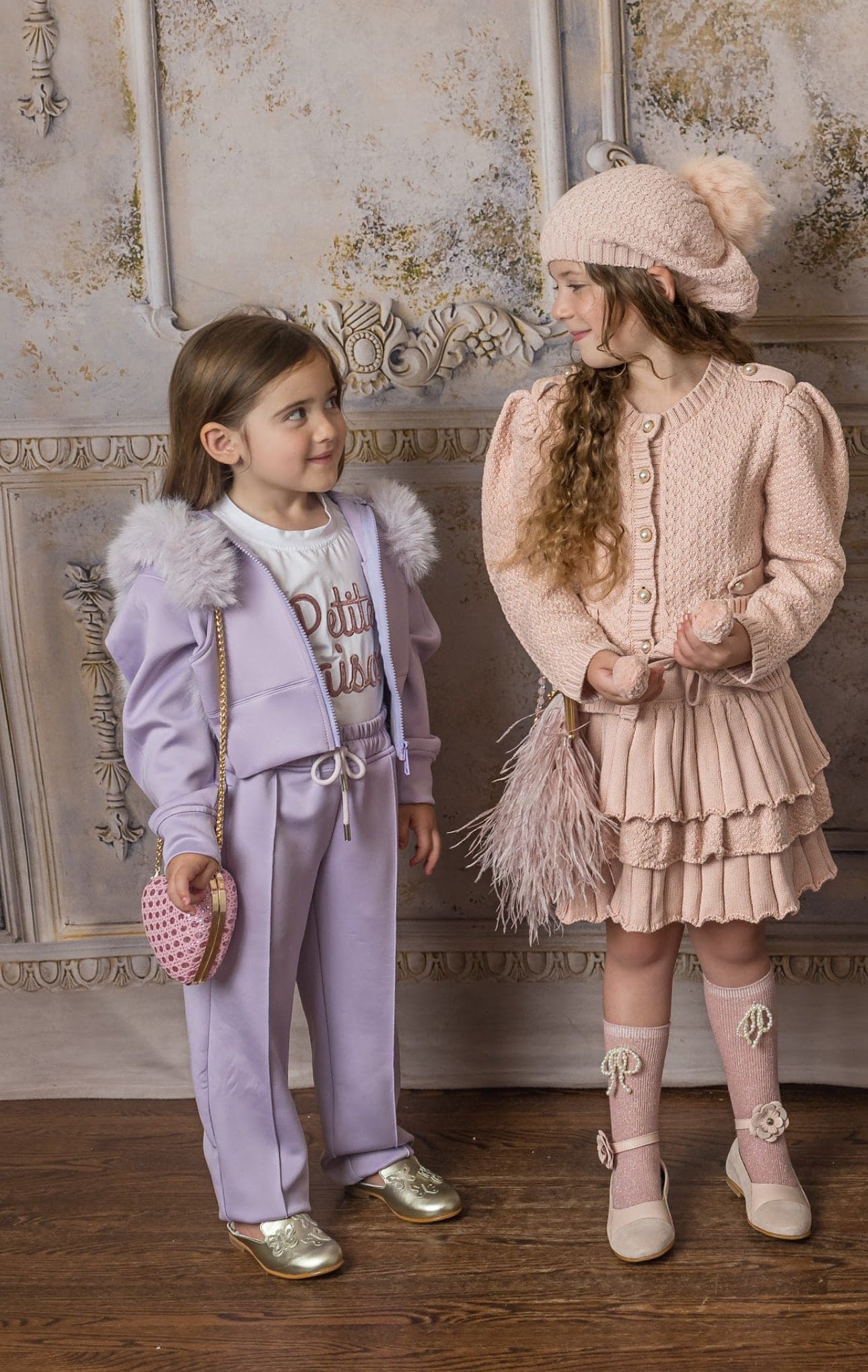 Julie pink knit cotton beret styled on girl with coordinating Julie collection outfit