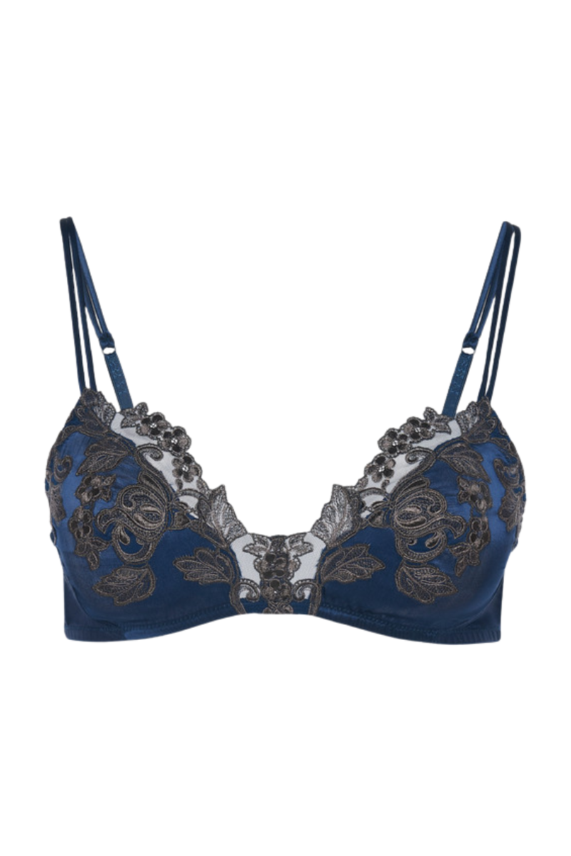La Perla Blue Silk Non-Wired Triangle Bra with Ivory Frastaglio