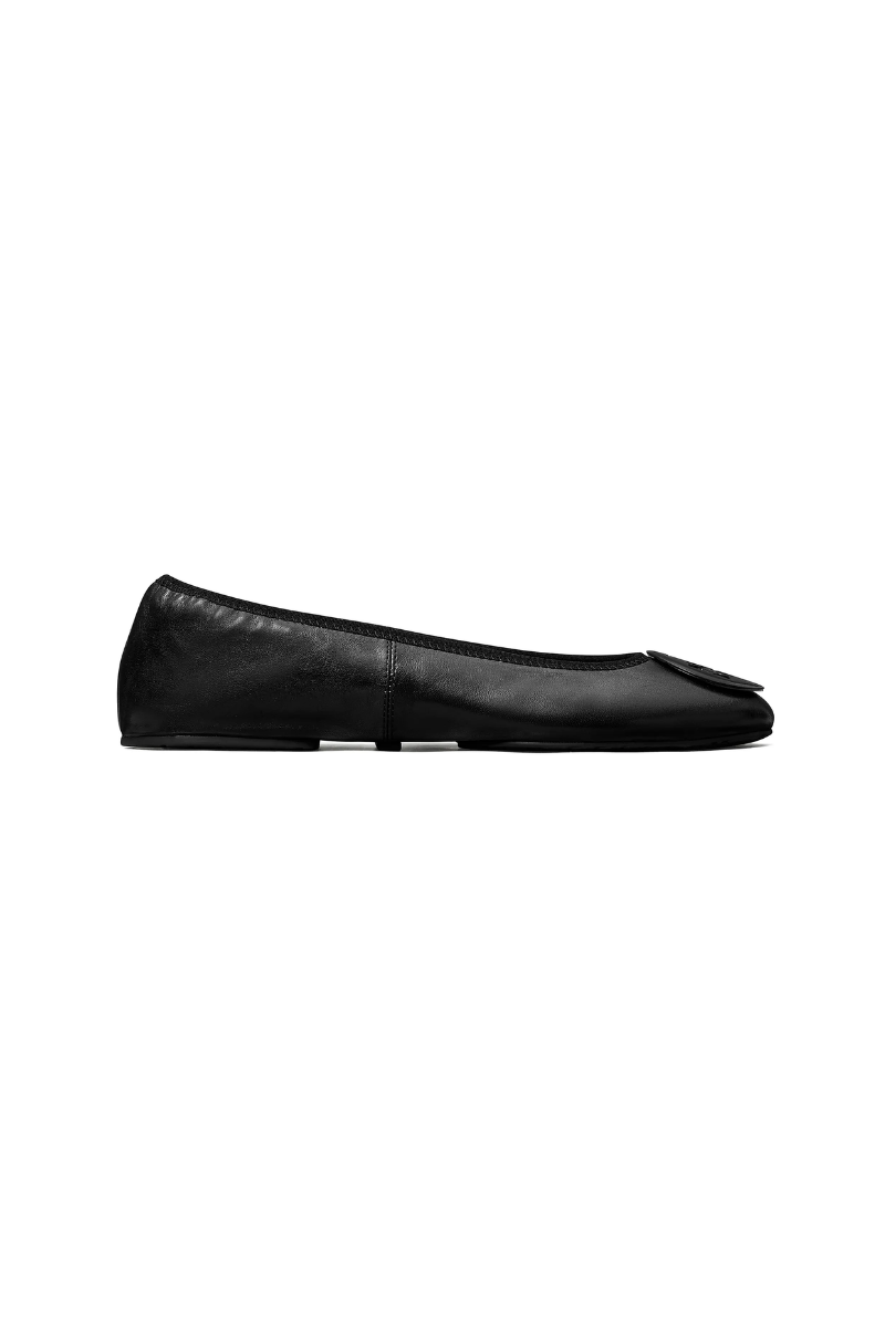 Tory Burch Reva Travel Ballet Flats in Black Leather with Black Logo
