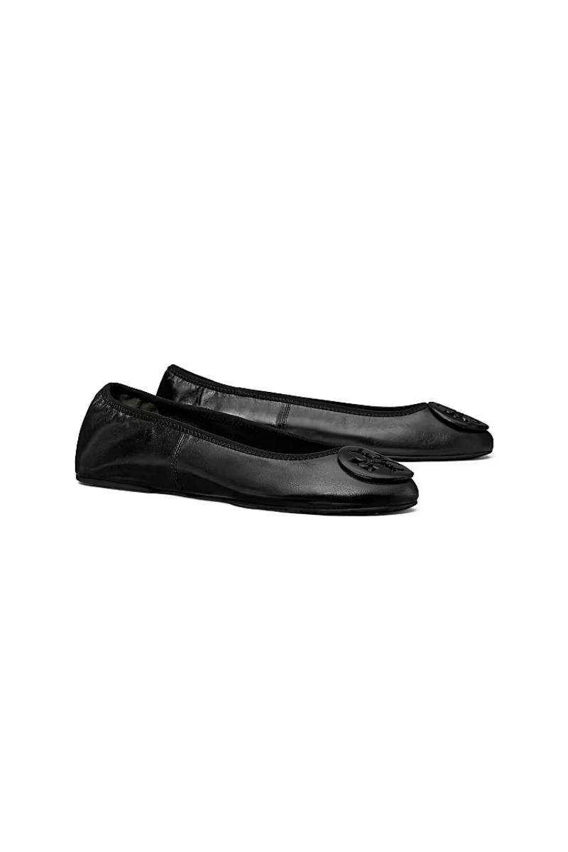 Tory Burch Reva Travel Ballet Flats in Black Leather with Black Logo