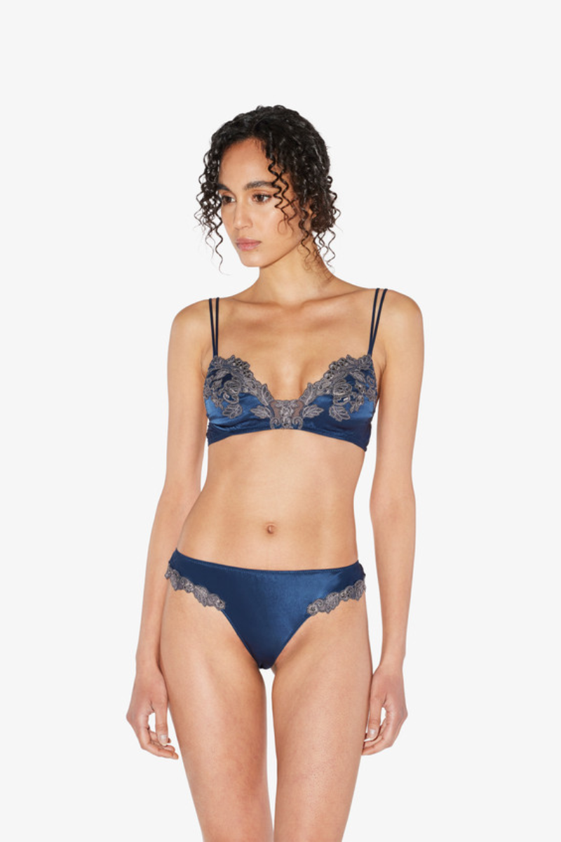 La Perla Blue Silk Non-Wired Triangle Bra with Ivory Frastaglio