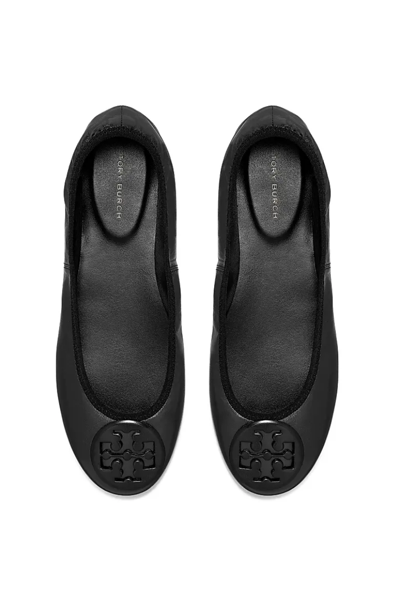 Tory Burch Reva Travel Ballet Flats in Black Leather with Black Logo