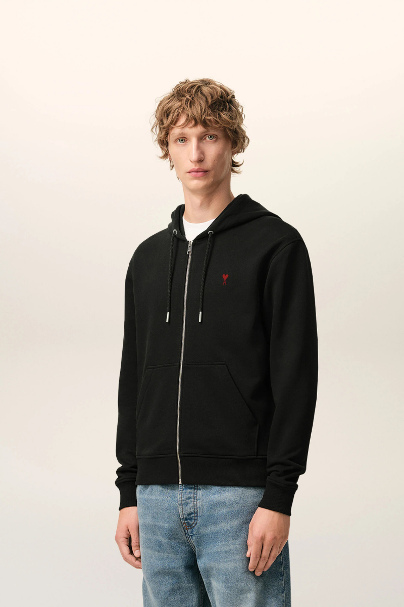 Ami Paris Cotton Red Ami De Coeur Zipped Hoodie-Black
