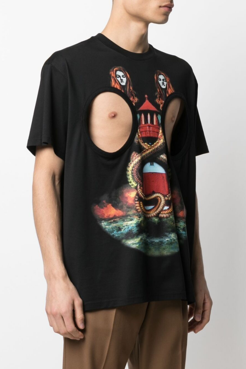 Burberry Mermaid-Print Cut-Out T-Shirt featuring unique cut-outs and a striking mermaid design.