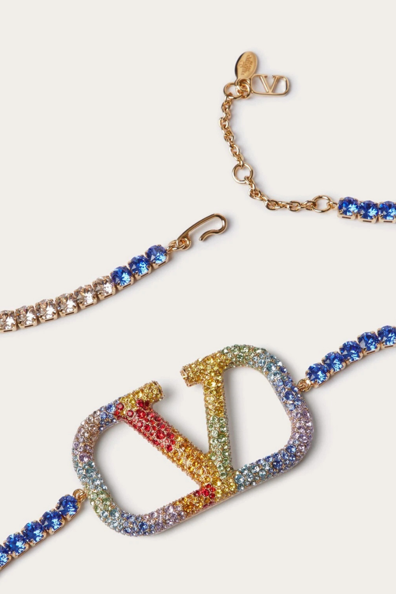 Valentino Garavani Rainbow Rhinestone Vlogo Brass Belt