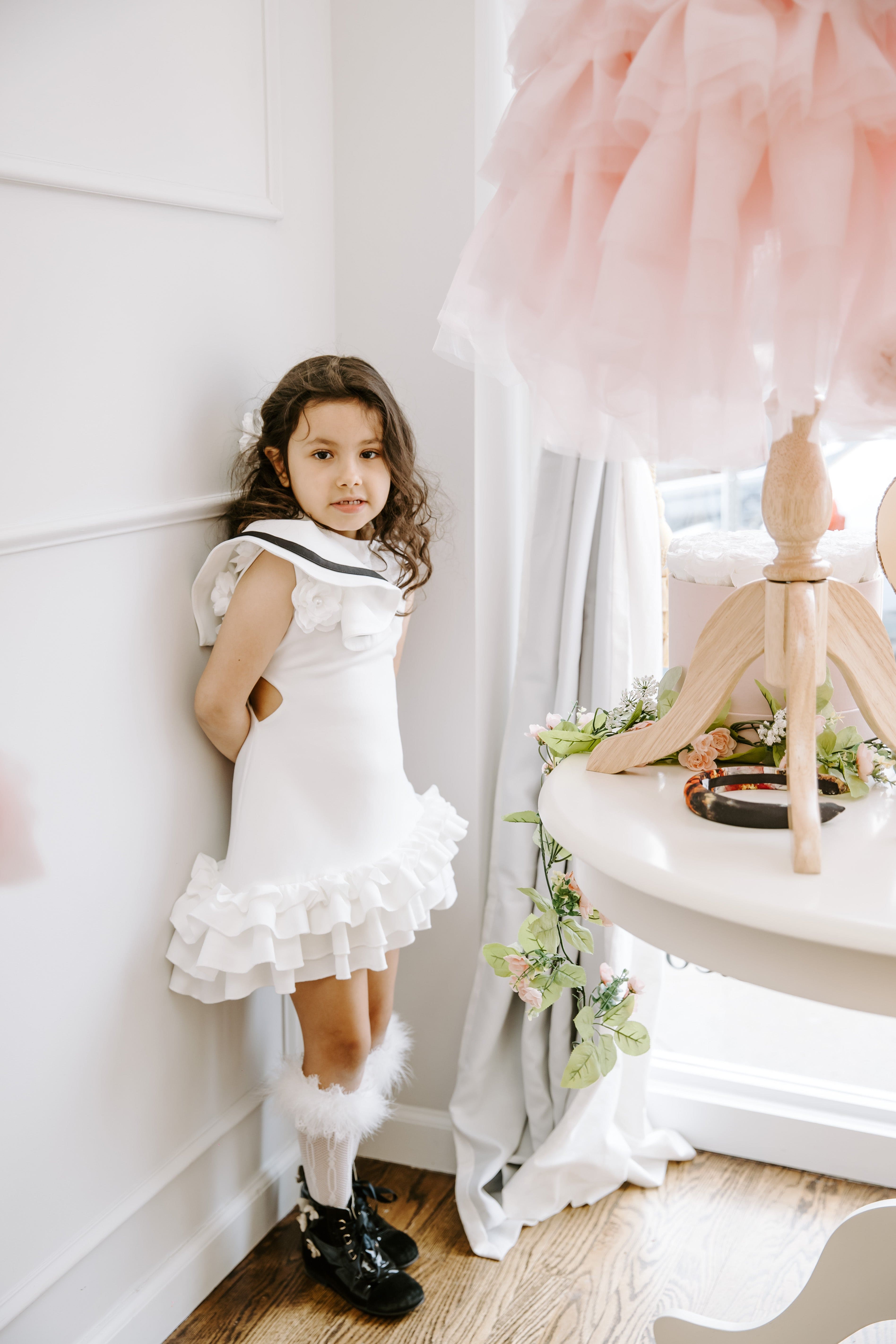 Alex White Ruffle Dress with Black Contrast Line - Petite Maison Kids