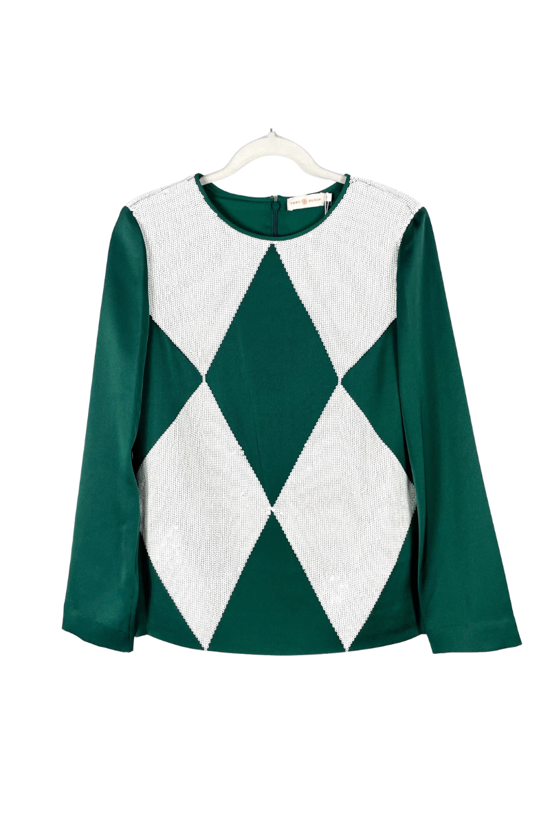 Tory Burch Sequin Top Lantilly Tunic Green Argyle White Pullover