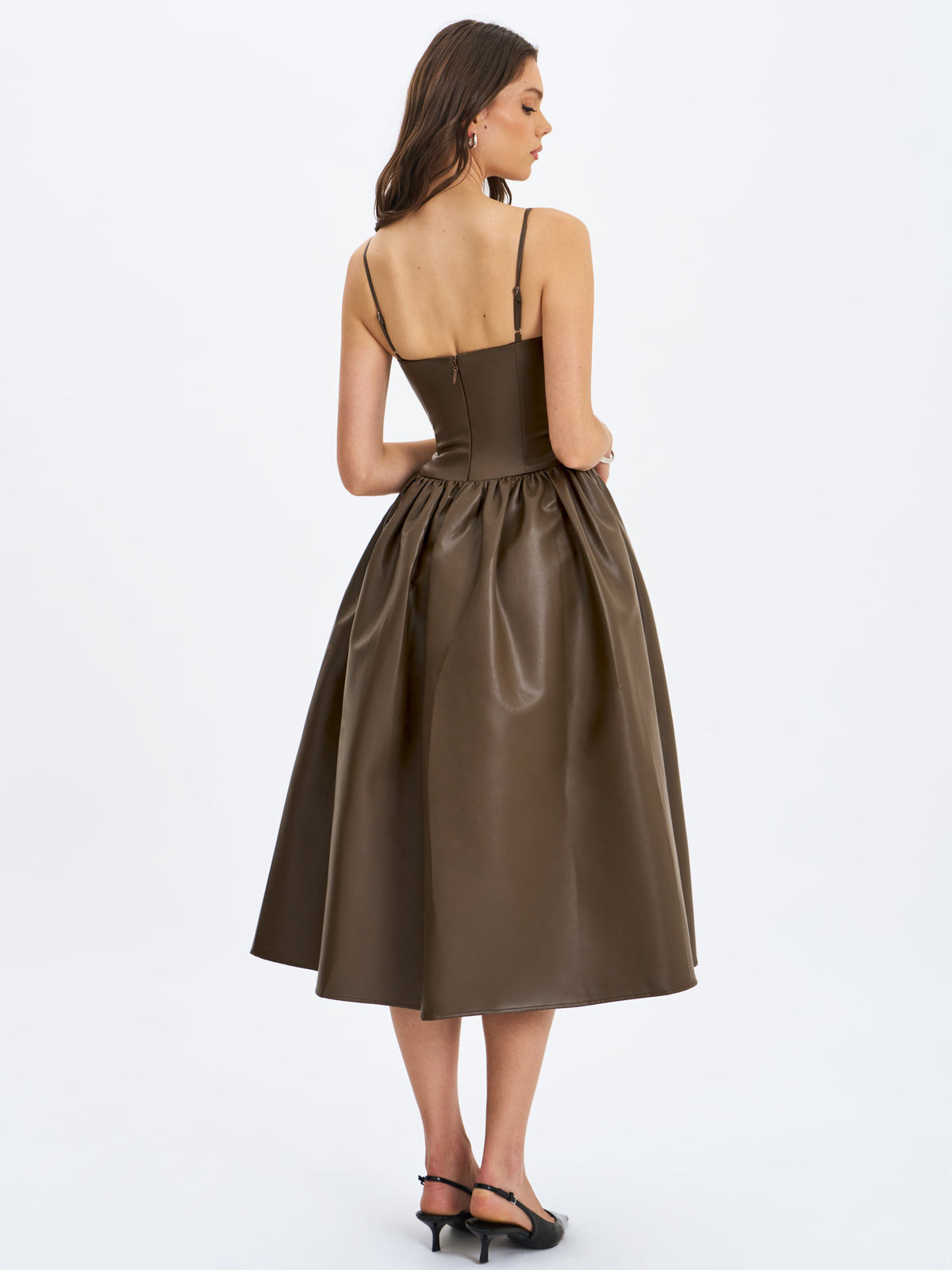 Parisia Cocoa Vegan Leather Drop Waist Midi Dress
