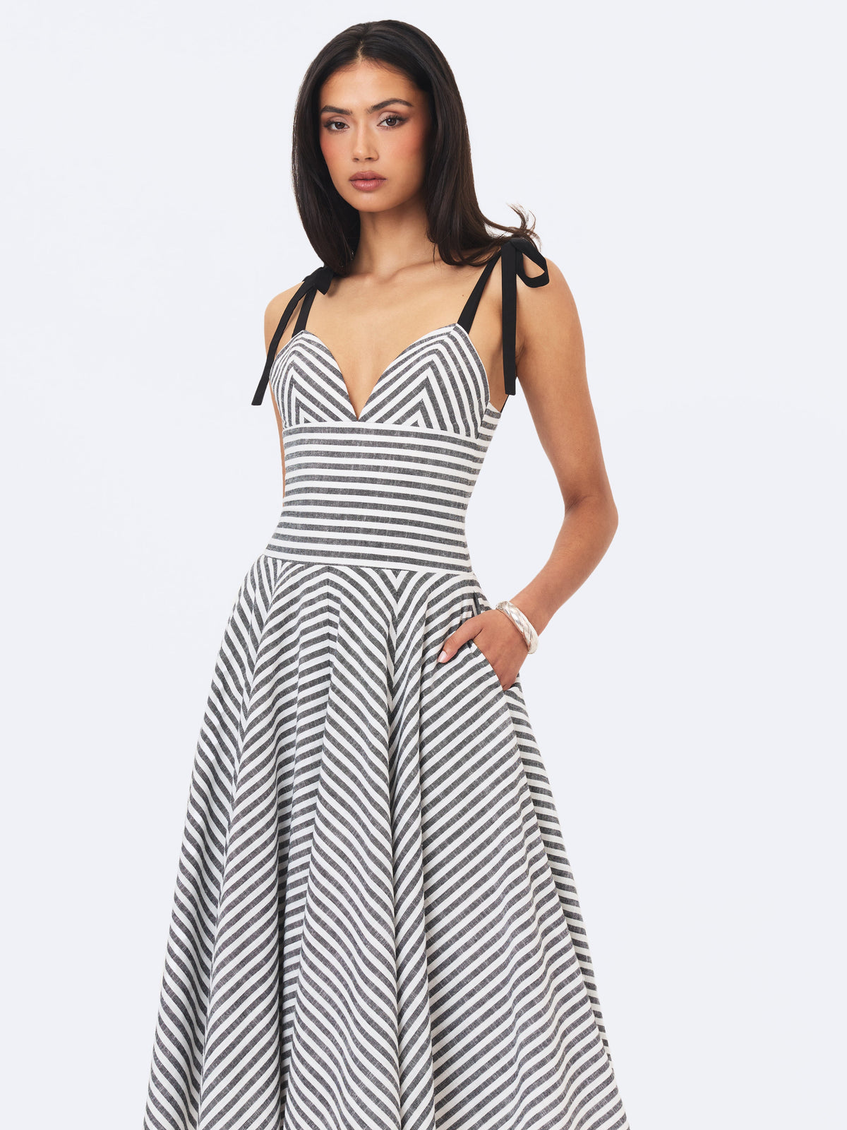 Riley Black & White Striped Linen Flared Midi Dress