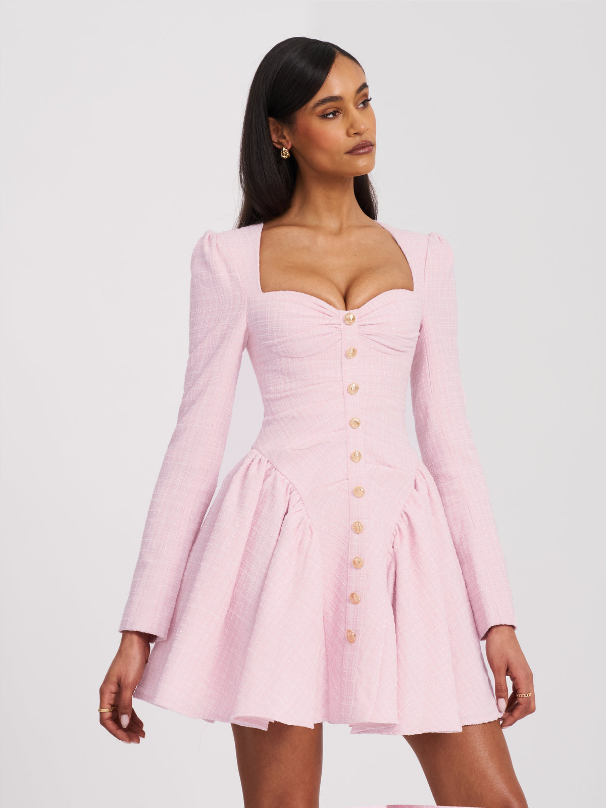 Tae Pink Tweed Long Sleeve Drop Waist Mini Dress (Archive Sale)