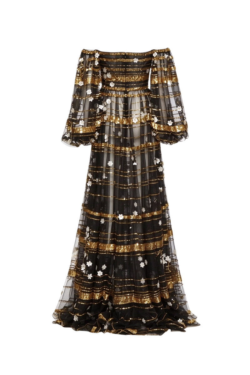 Valentino Embellished Off Shoulder Gown Dress Nero/Gold/Avorio 3B3VDFN01ED_KES