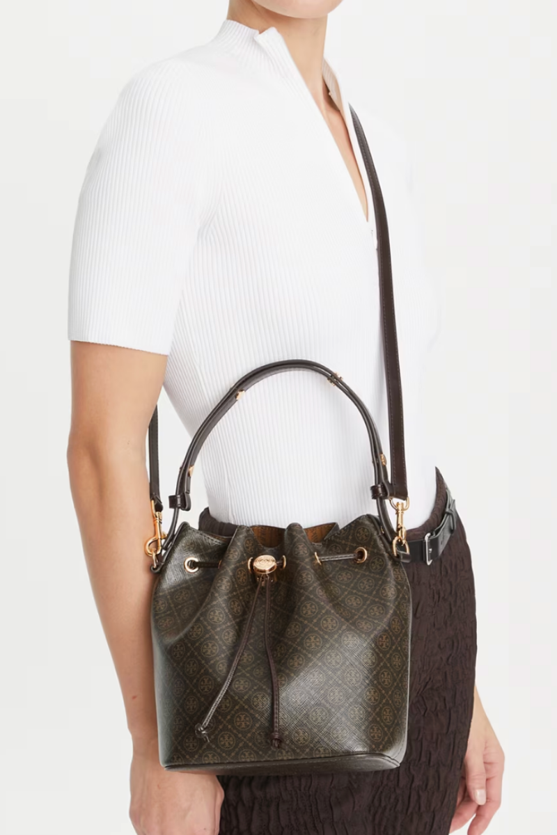 Tory Burch T Monogram Coated Canvas Bucket Bag in French Press