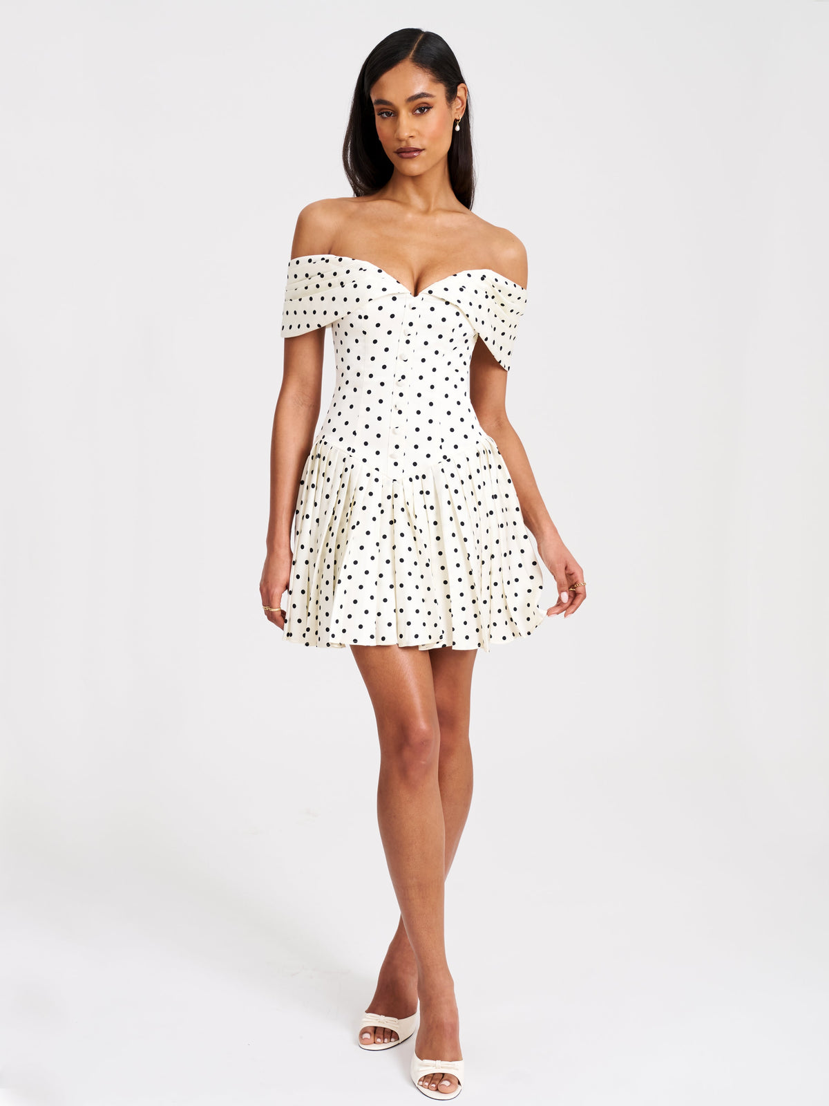 Edeline Polka Dot Off-shoulder Pleated Mini Dress