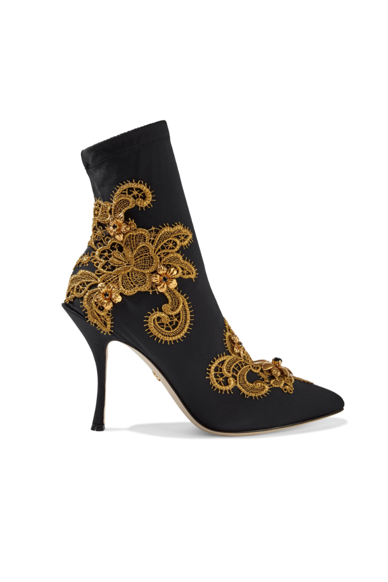 Dolce & Gabbana Baroque Lace Crystal Heels Pumps Boots Black