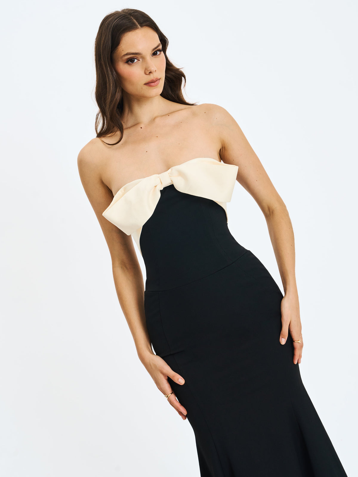 Saige Black Mermaid Midi Dress with Ivory Bow Bustline
