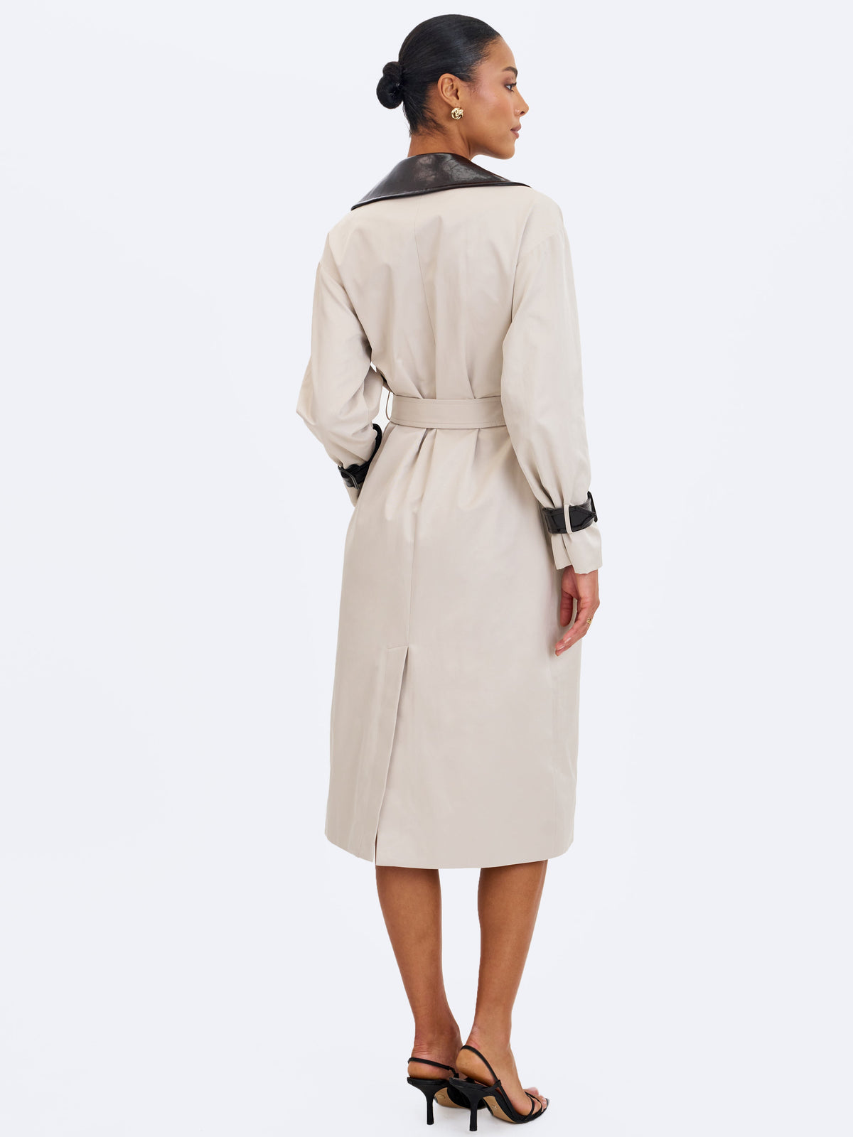 Umber Oyster Double-Breasted Faux Leather Lapel Trench Coat