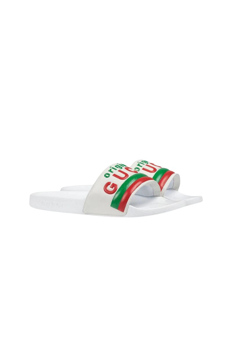 Gucci Kids White Leather Original Gucci Logo Slides Sandals