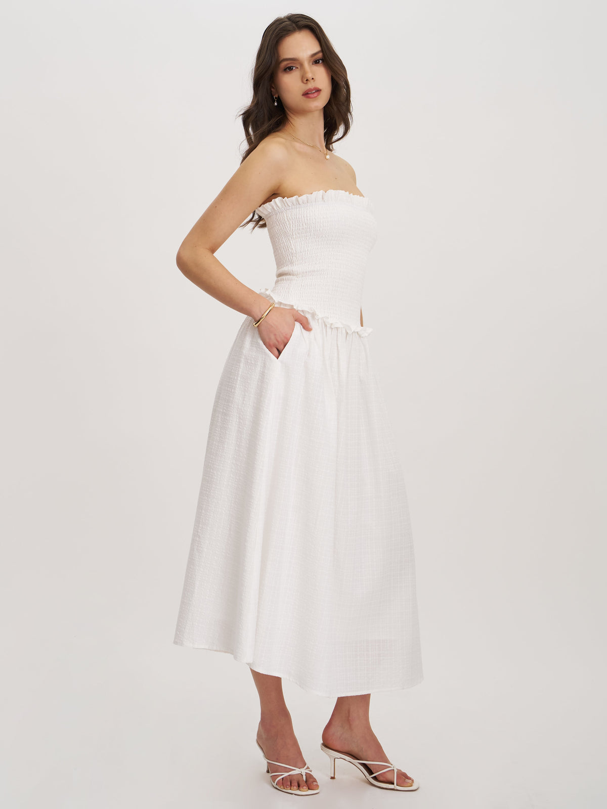 Quadiya White Cotton Seersucker Smocked Strapless Midi Dress