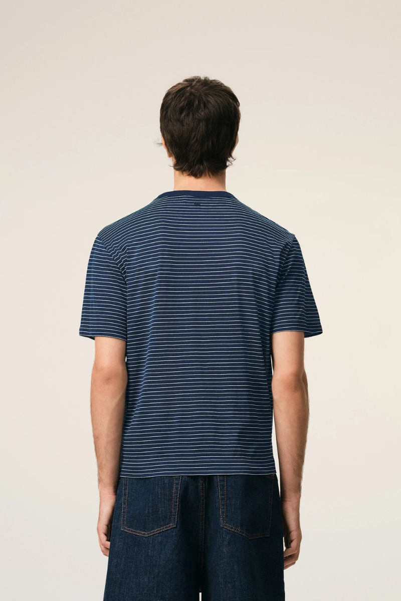Ami Paris Short Sleeves T-Shirt In Striped Mercerised Jersey-Blue