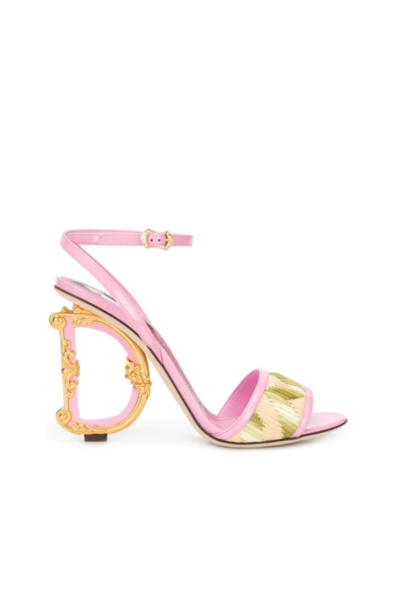 Dolce & Gabbana Embellished Heel Leather and Raffia Sandals Pink