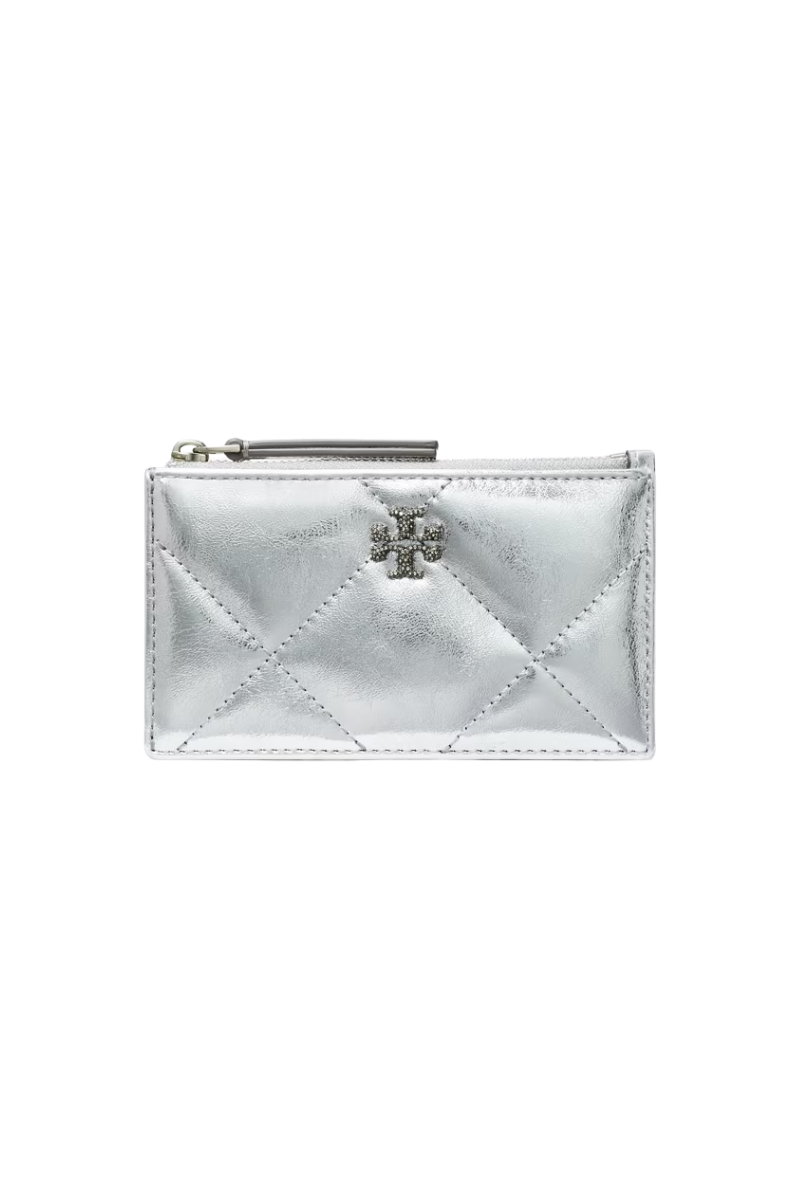 Tory Burch Kira Metallic Diamond Quilt Zip Card Case Silver 158632-040