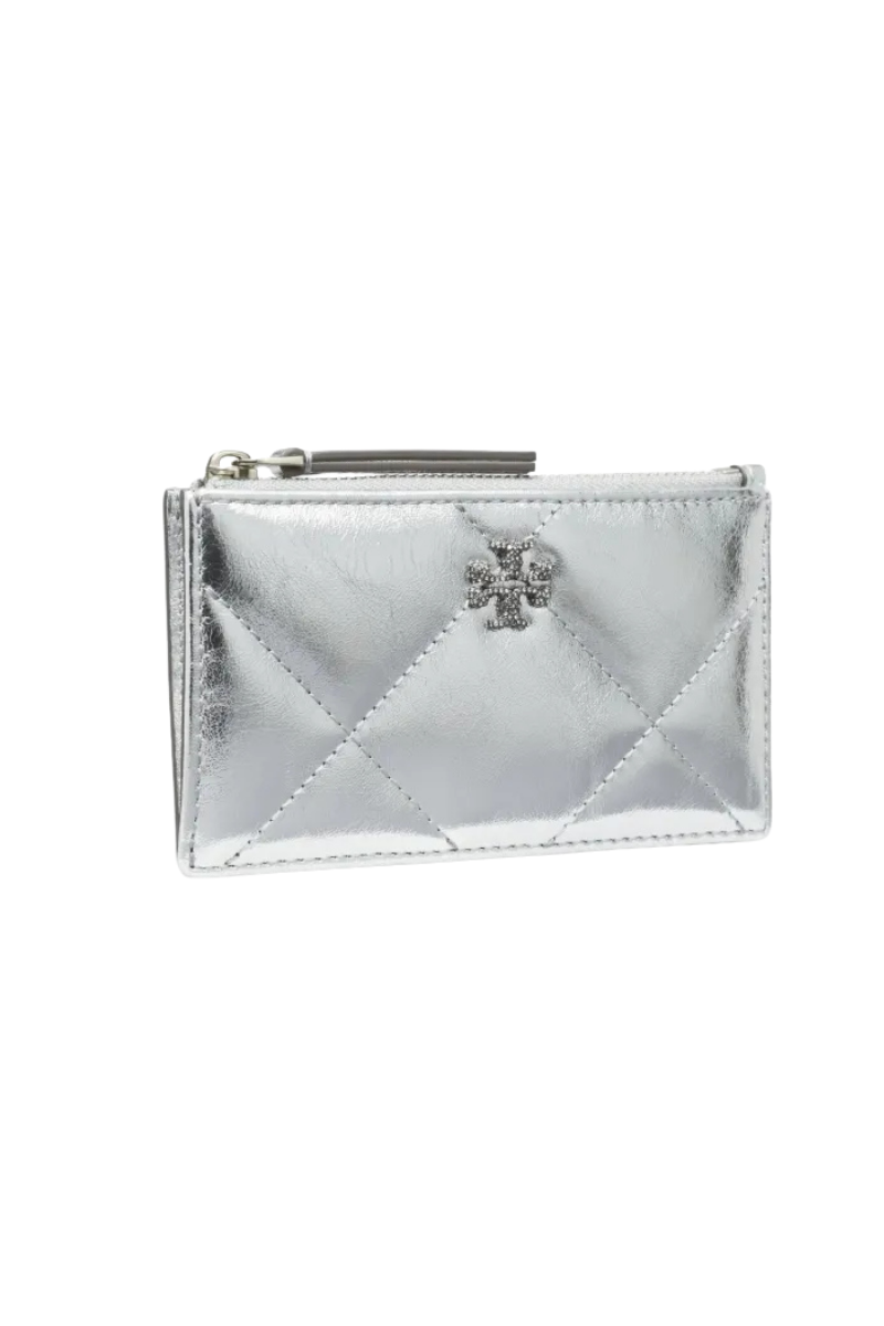 Tory Burch Kira Metallic Diamond Quilt Zip Card Case Silver 158632-040