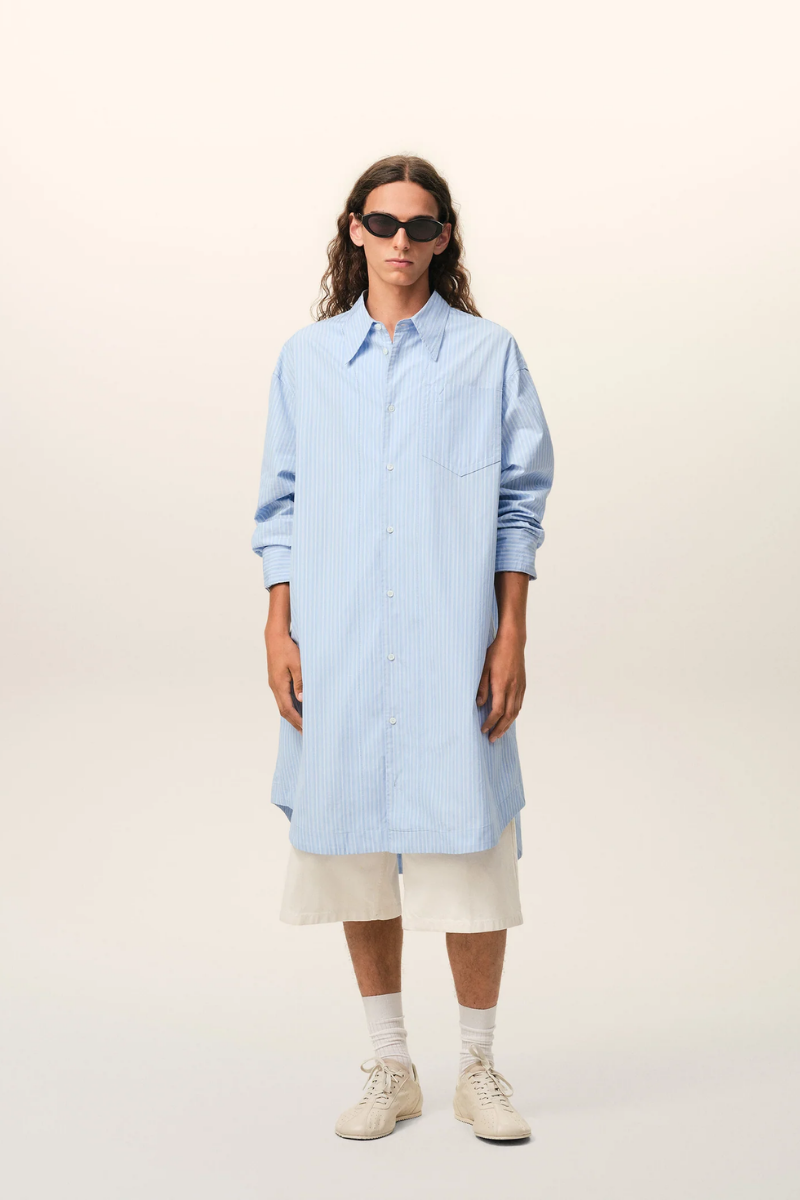 Ami Paris Long Sleeve Dress In Striped Cotton Poplin-Blue