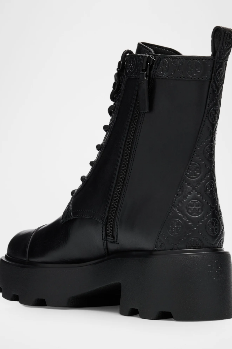 Tory Burch T Monogram Leather Lace-Up Ankle Boots 65mm in Black