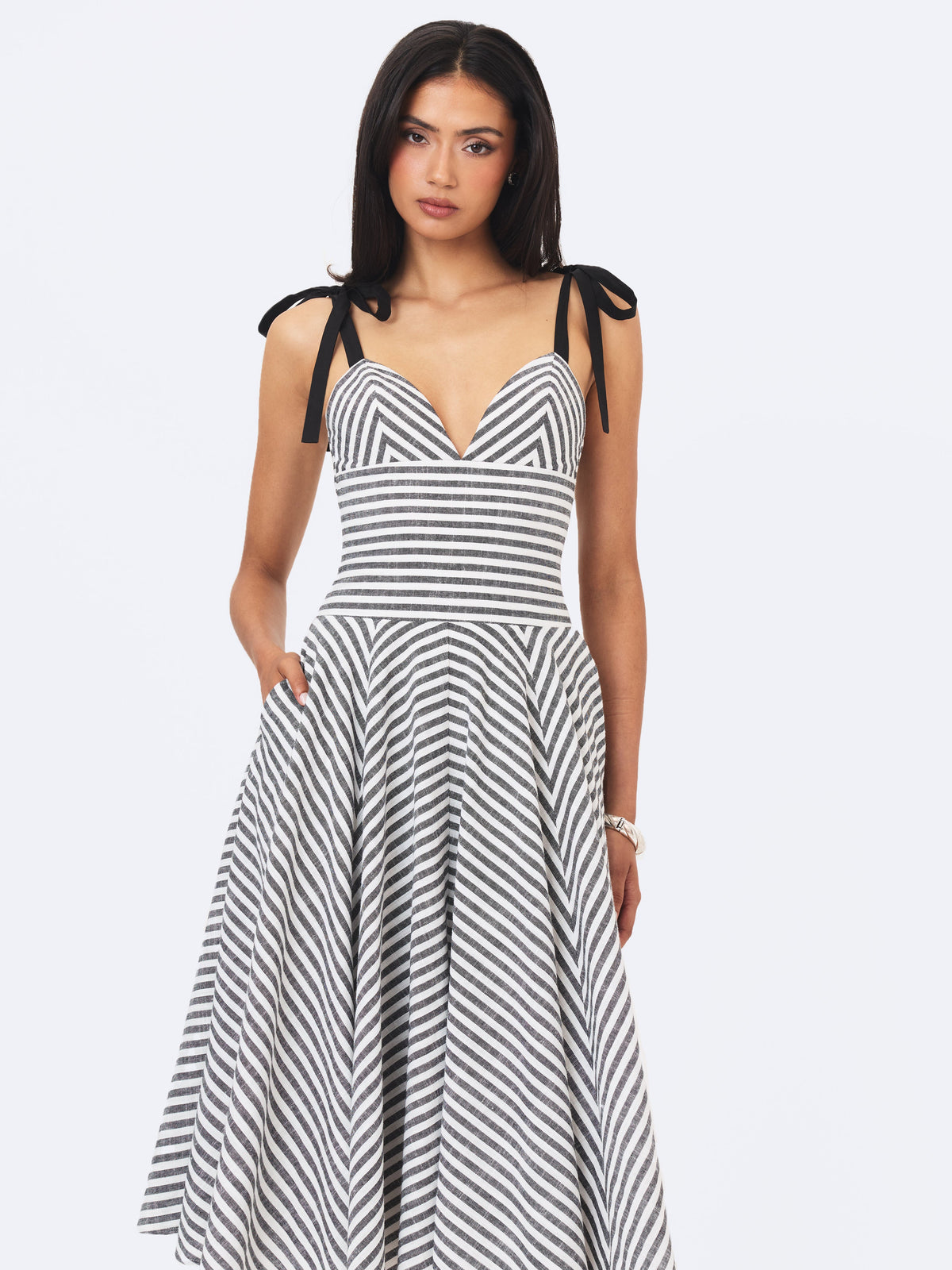 Riley Black & White Striped Linen Flared Midi Dress