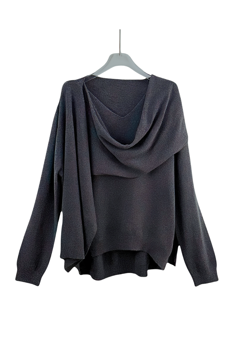 Max Simple Integrated Scarf Knit Top Dark Grey