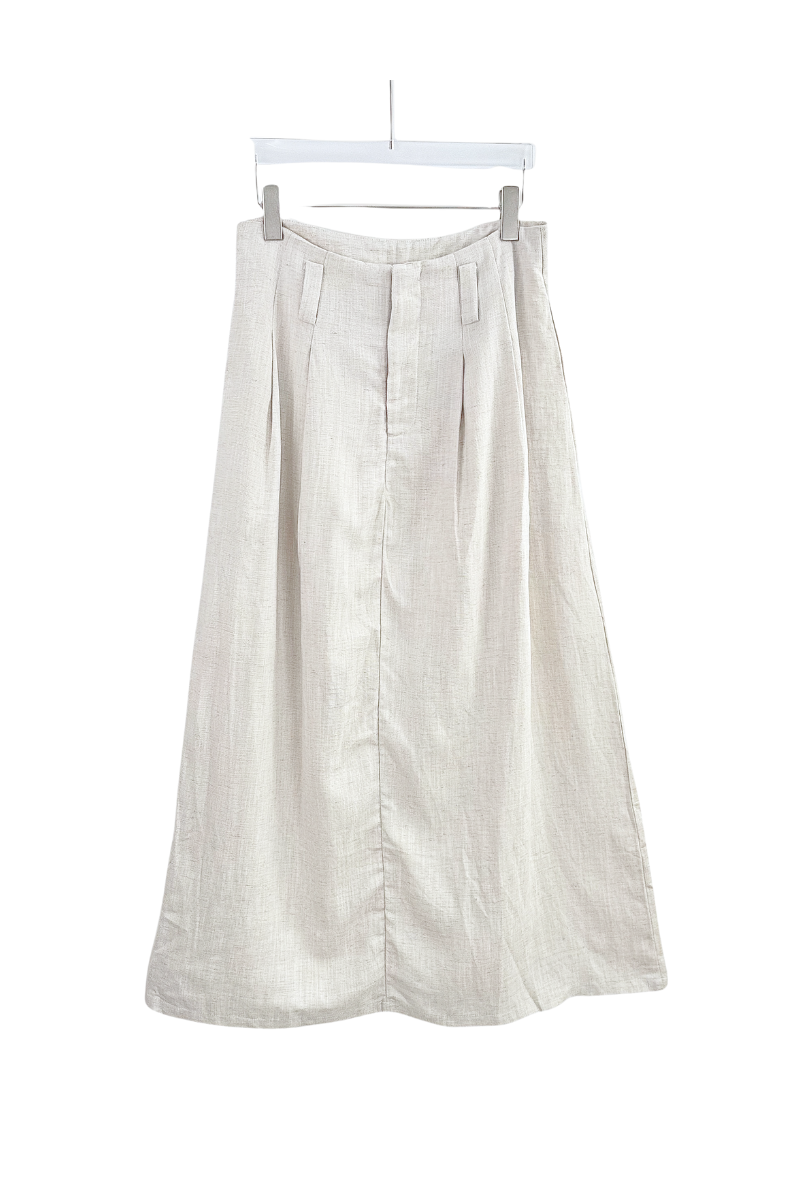 Max Simple Linen A Line Belted Skirt Almond