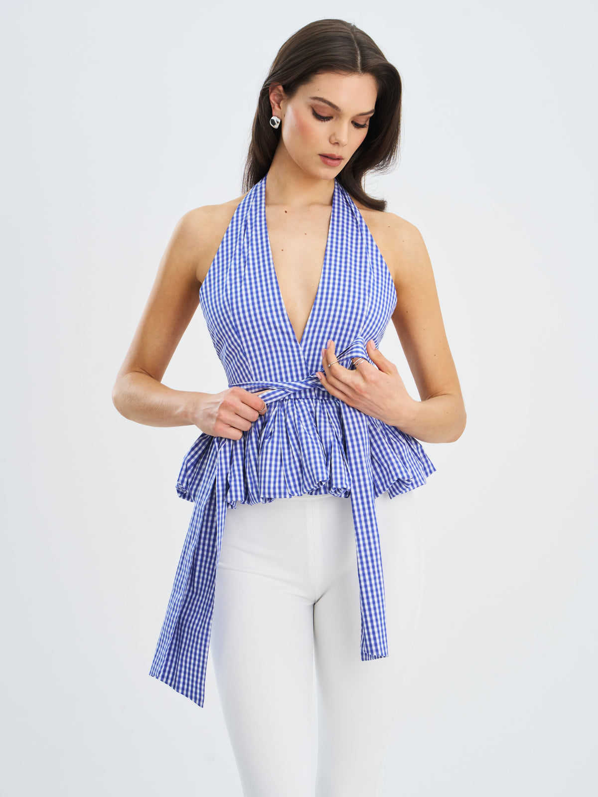 Ilene Blue Gingham Cotton Bubble Hem Halter Top