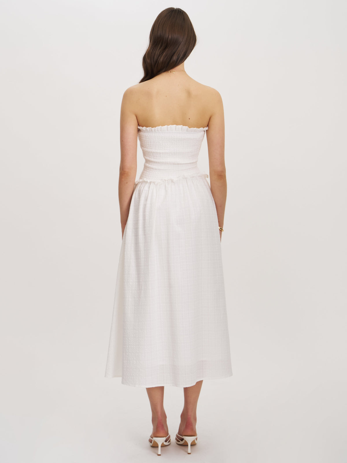Quadiya White Cotton Seersucker Smocked Strapless Midi Dress