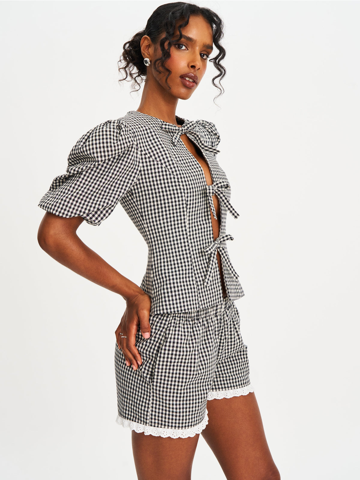Qusayla Black Gingham Cotton Bubble Sleeve Bowtie Top