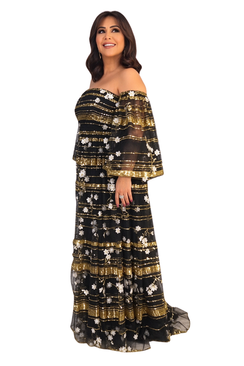 Valentino Embellished Off Shoulder Gown Dress Nero/Gold/Avorio 3B3VDFN01ED_KES